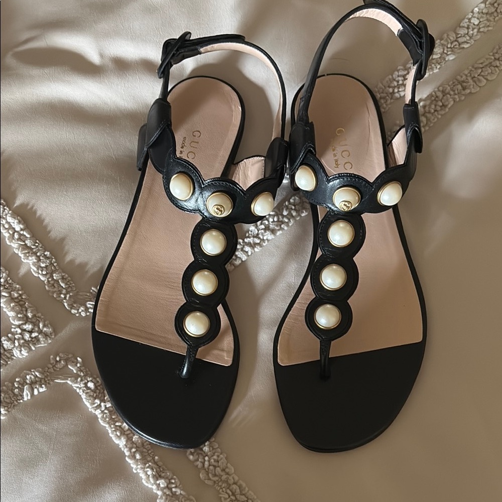 Gucci Black T-Strap Sandals with Pearl Embellishments